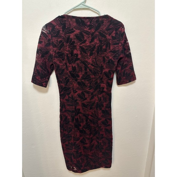 Maeve‎ Anthropologie Elorn Dress Black Flocked Lace Faux Wrap Wine Red, Sz 4 - Picture 6 of 7